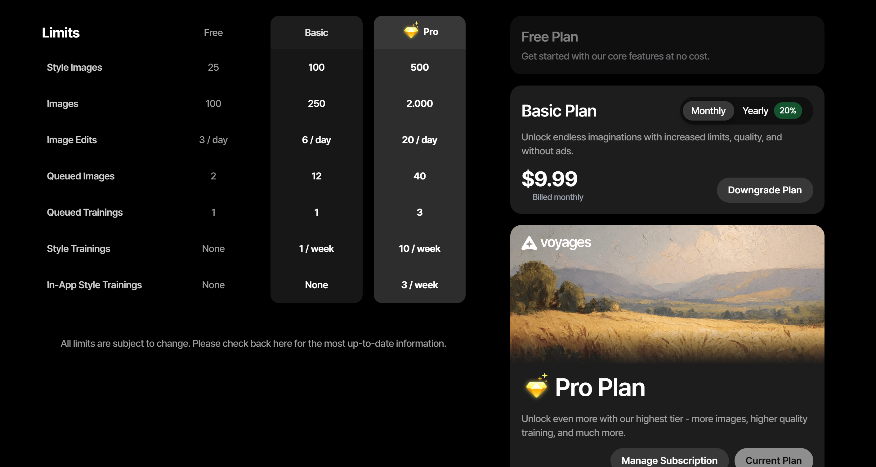 Pricing plans on Voyages.