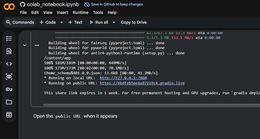 Colab installation output