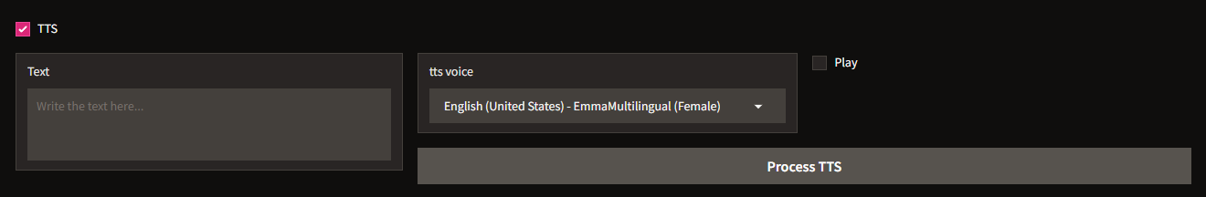 TTS toggle expanded showing Text field, tts voice dropdown and Process TTS button