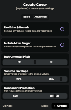 Advanced settings for creating a cover.